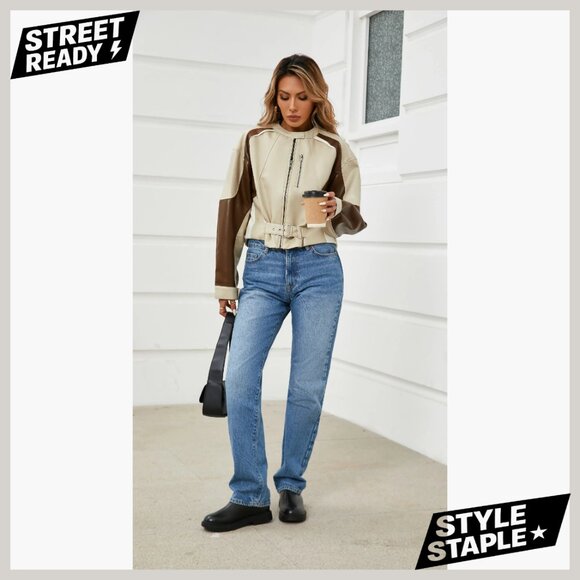 Faux Leather Cropped Bomber Jacket Zipper Moto Biker Coat Fall Casual - Picture 7 of 7